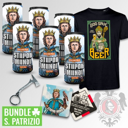 PACCO BIRRAIO | Maglia Patrizio + 6 lattine birra + Apribottiglie + 8 sottobicchieri