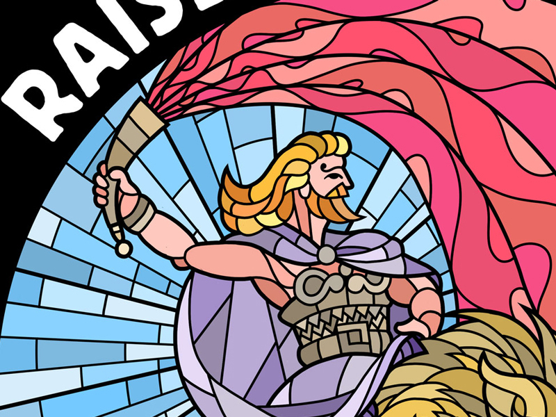 Raise Your Horn and Skål! – illustrazione in stile vetrata con guerriero norreno e cinghiale